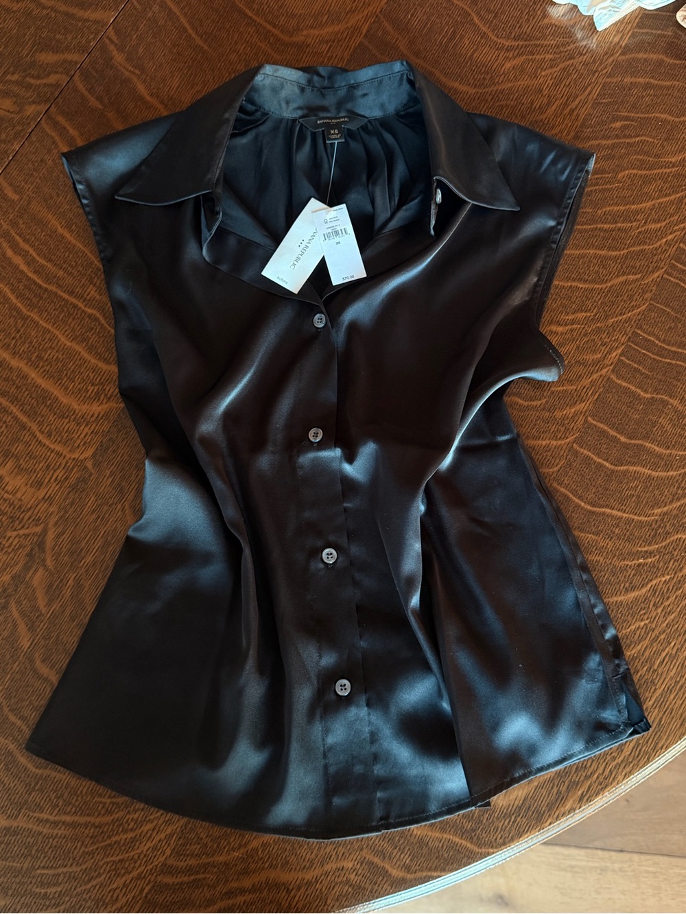 Banana Republic Black Satin Button-Front Cap Sleeve Blouse